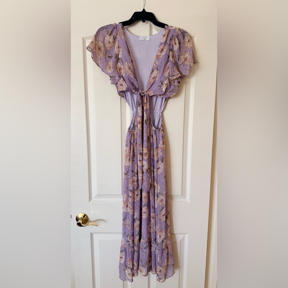 NWOT Sage Lavender Floral Tie-Front Maxi Dress